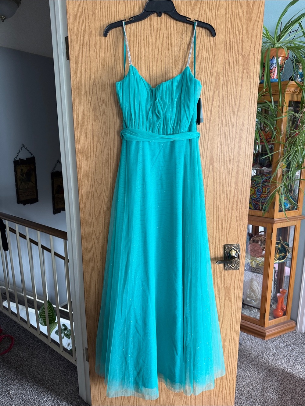 City Studio Teal Long Spaghetti-Strap Prom Dress